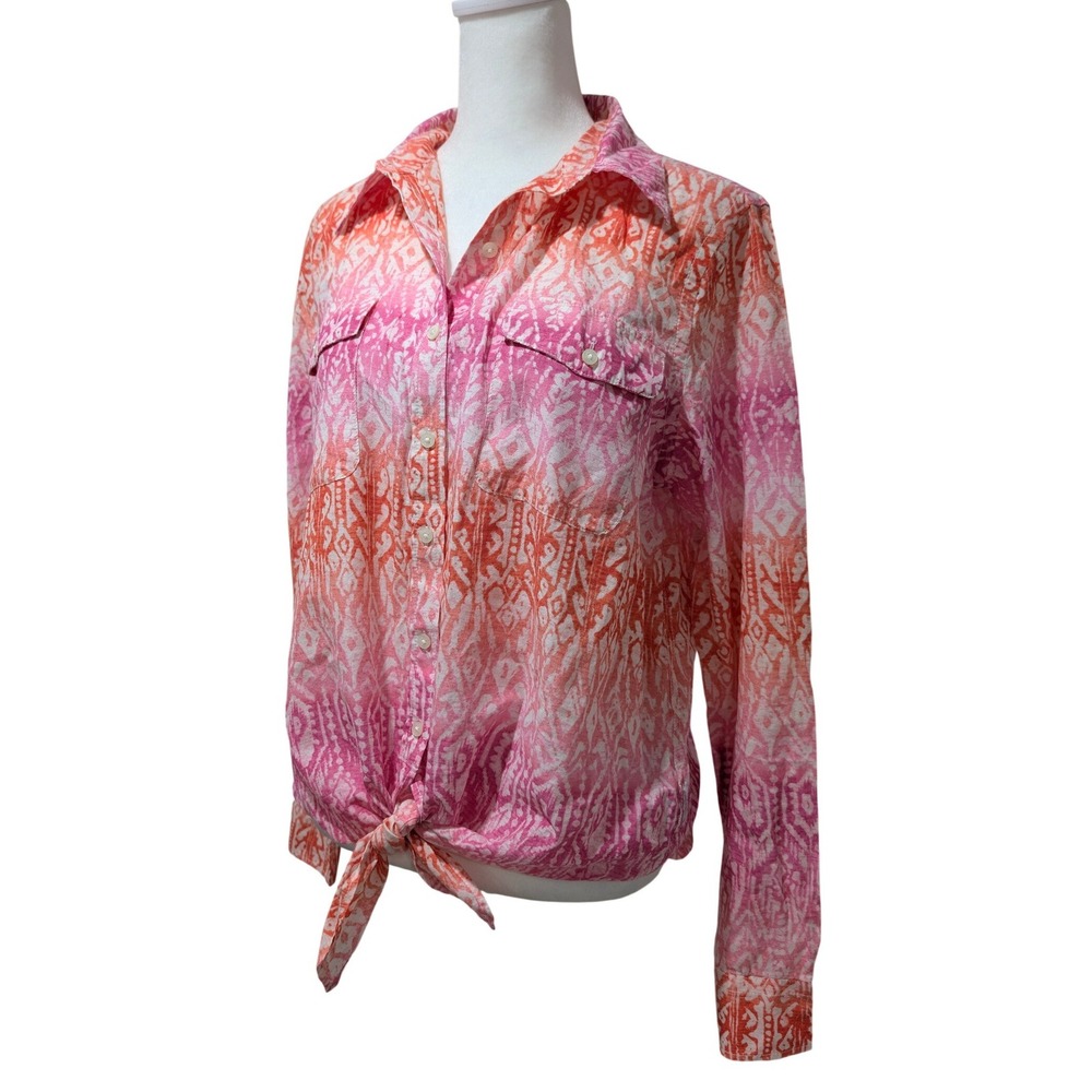 Lauren Ralph Lauren Pink Orange Ikat Ombre Tie Front Button Down Shirt Boho L